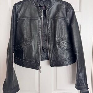 Gap 1969 Vintage Distressed Black Leather Jacket for Women